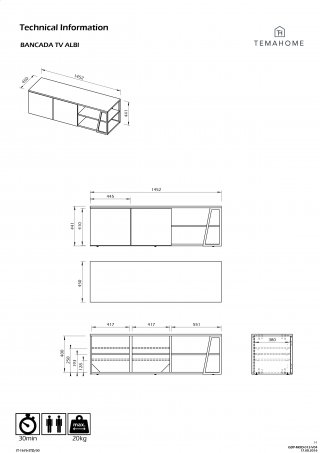 Meuble TV design ALBI finition structure chêne façade blanc mat